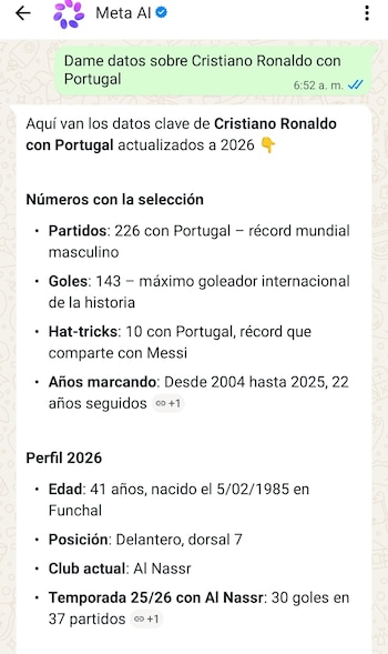 Meta AI permite consultar datos de Cristiano Ronaldo. (Foto: WhatsApp)