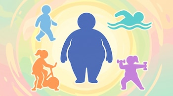 Silueta azul de persona con obesidad, rodeada por siluetas de personas caminando, nadando, pedaleando en bicicleta estática y levantando mancuernas.