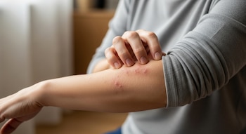 Plano cercano de una persona con un suéter gris rascándose suavemente el antebrazo. La piel del antebrazo muestra enrojecimiento, sequedad y pequeñas placas.