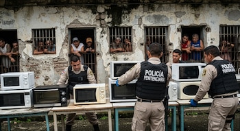 Varios agentes de la Policía Penitenciaria, con chalecos negros, retiran hornos microondas de mesas frente a una prisión antigua con reclusos en ventanas enrejadas.