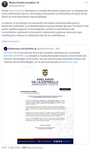 María Claudia Lacouture felicitó a Claudia Benavides y enfatizó el papel de la innovación en la productividad - crédito @mclacouture/X
