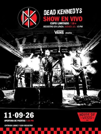 Afiche promocional en negro y rojo con una fotografía en blanco y negro de los integrantes de Dead Kennedys tocando en un escenario