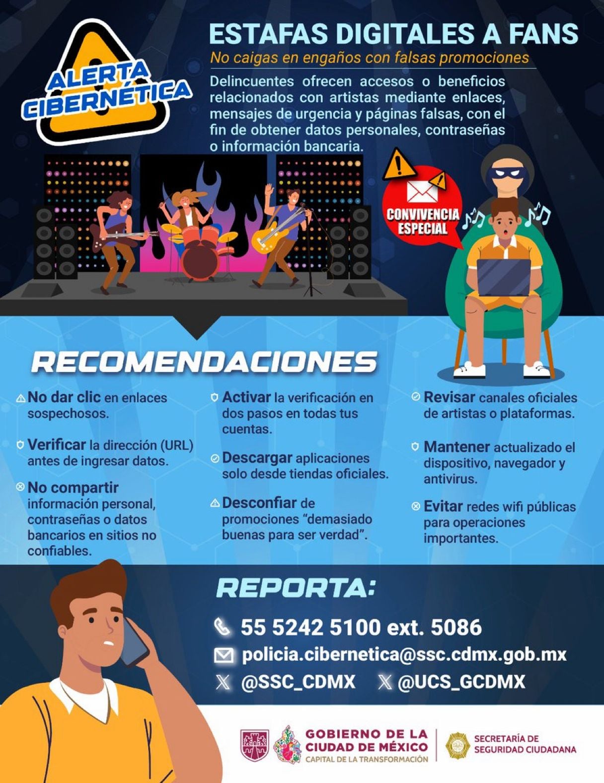 Estafadores digitales utilizan páginas falsas, accesos VIP y supuestas promociones de conciertos para engañar a fans y robar datos personales y bancarios, advierte la Policía Cibernética de la CDMX