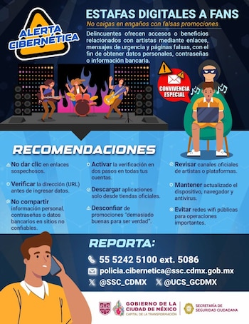 Estafadores digitales utilizan páginas falsas, accesos VIP y supuestas promociones de conciertos para engañar a fans y robar datos personales y bancarios, advierte la Policía Cibernética de la CDMX