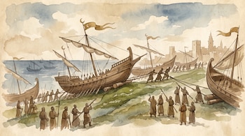 Ilustración acuarela de soldados otomanos del siglo XV arrastrando grandes galeras de guerra por una colina verde. Al fondo, el mar y la silueta de Constantinopla.