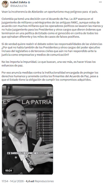 Isabel Zuleta cuestionó incoherencias y advirtió retrocesos en derechos humanos tras anuncios del presidente electo De la Espriella - crédito @ISAZULETA/X
