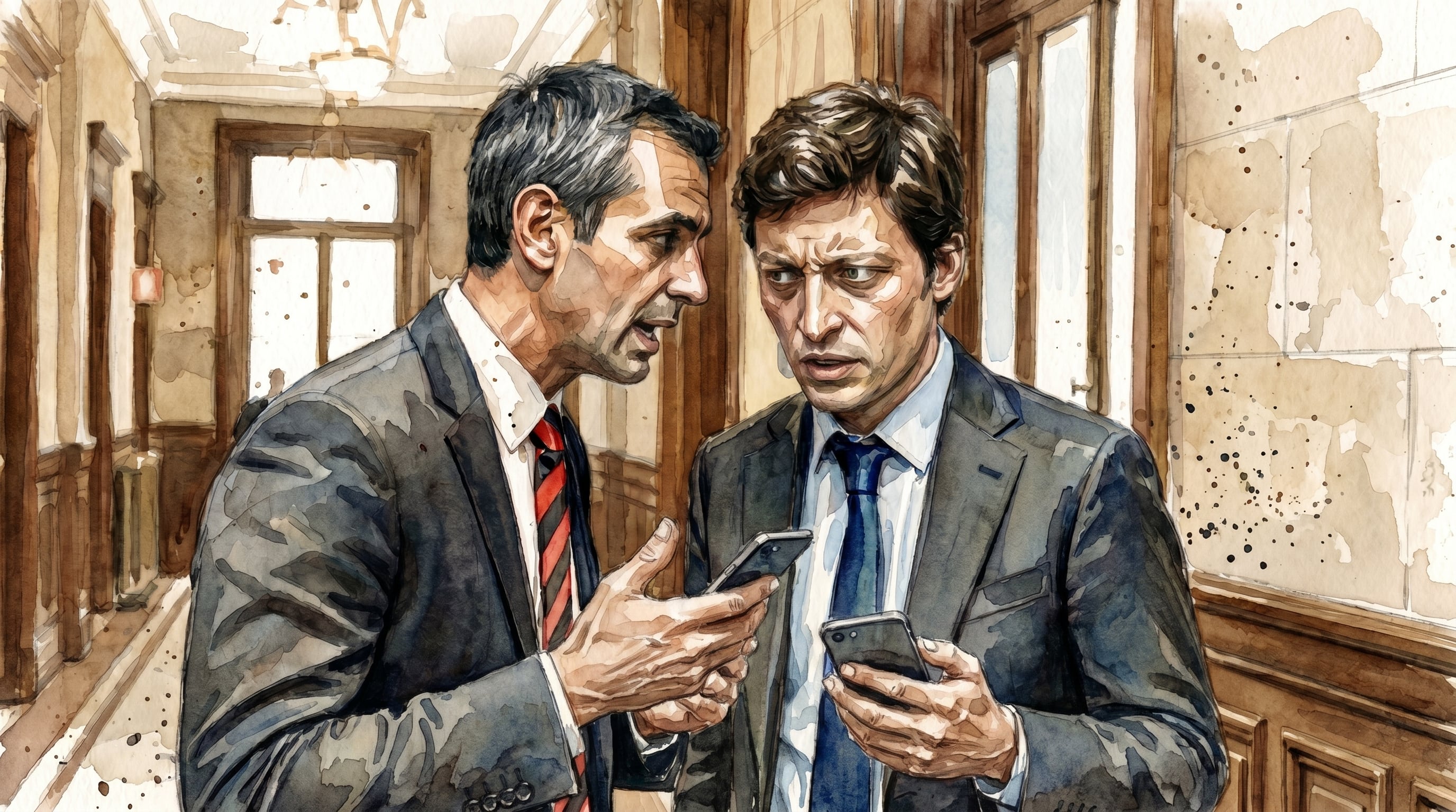 Una acuarela captura a Martín Menem y Santiago Caputo inmersos en una discusión, ambos sosteniendo sus teléfonos móviles y manteniendo un contacto visual intenso en un pasillo. (Imagen Ilustrativa Infobae)
