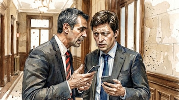 Acuarela de Martín Menem (corbata roja) y Santiago Caputo (corbata azul) en trajes oscuros, sosteniendo celulares y con expresiones serias en un pasillo.