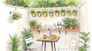 Ilustración de un patio con paredes claras, diversas plantas en macetas colgantes y en estantes, una mesa, dos sillas, un mate, un termo y medialunas.