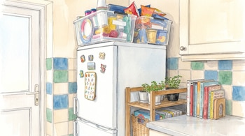 Ilustración en acuarela de un refrigerador con imanes, dos cajas plásticas con productos, macetas con plantas y libros en una encimera.