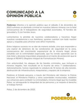 Minera Poderosa atribuye ataque a