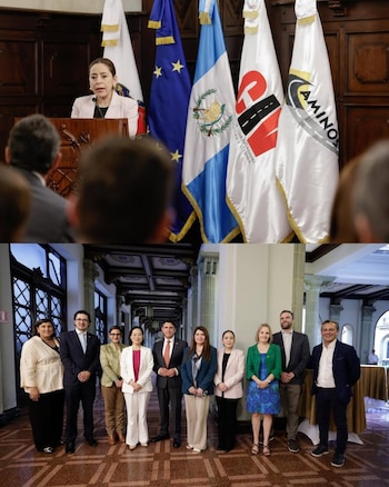 Una mujer habla en un podio con banderas de Guatemala, la UE y logotipos institucionales. Abajo, un grupo de diez funcionarios posa en un pasillo largo y elegante