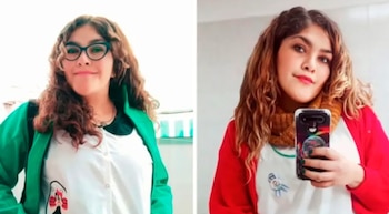 Díptico de dos fotos tipo retrato de Micaela Díaz Vallejos, una mujer joven con cabello rizado y tez clara, mirando a la cámara