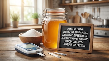 Un frasco de miel, un tazón con azúcar, un glucómetro y un cartel con el mensaje sobre la miel y la diabetes en una mesa de madera.