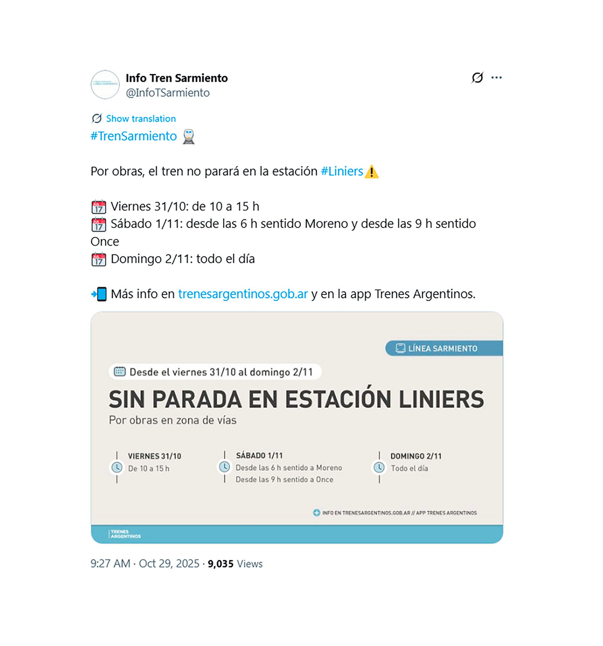 La información proporcionada por Trenes Argentinos