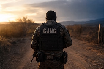 Vista posterior de una persona con pasamontañas, uniforme militarizado y chaleco táctico con las letras CJNG en un camino de tierra.