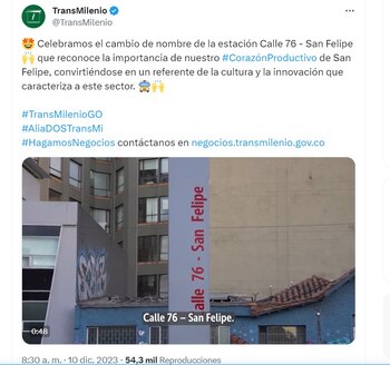 Transmilenio anuncia celebración por cambio