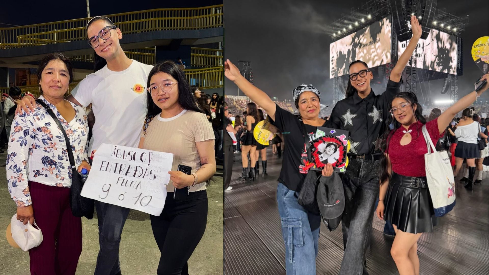 El creador de contenido Ric La Torre posa junto a una joven huancaína y su madre antes y durante un concierto en Lima tras regalarles los boletos de acceso.