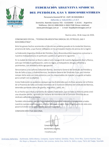 La Federación Argentina Sindical del Petróleo, Gas y Biocombustibles denunció a Sebastián Barrios y Gabriel Barroso por ordenar el traslado de personas armadas al acto gremial