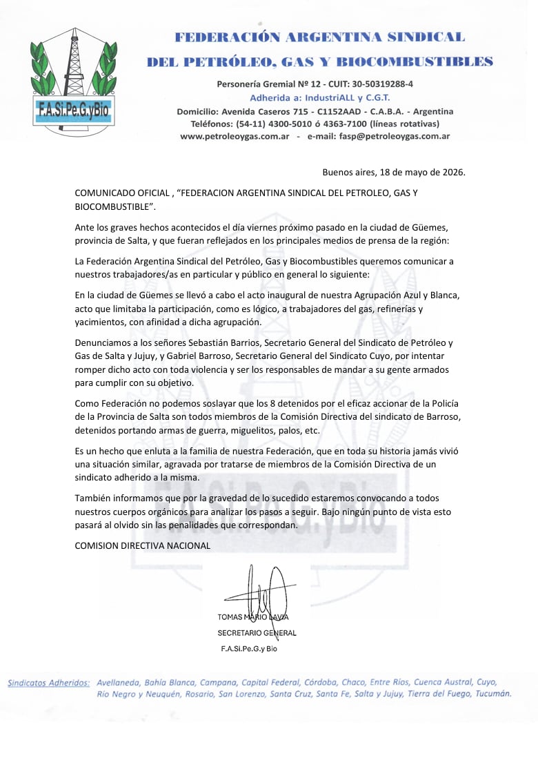 La Federación Argentina Sindical del Petróleo, Gas y Biocombustibles denunció a Sebastián Barrios y Gabriel Barroso por ordenar el traslado de personas armadas al acto gremial