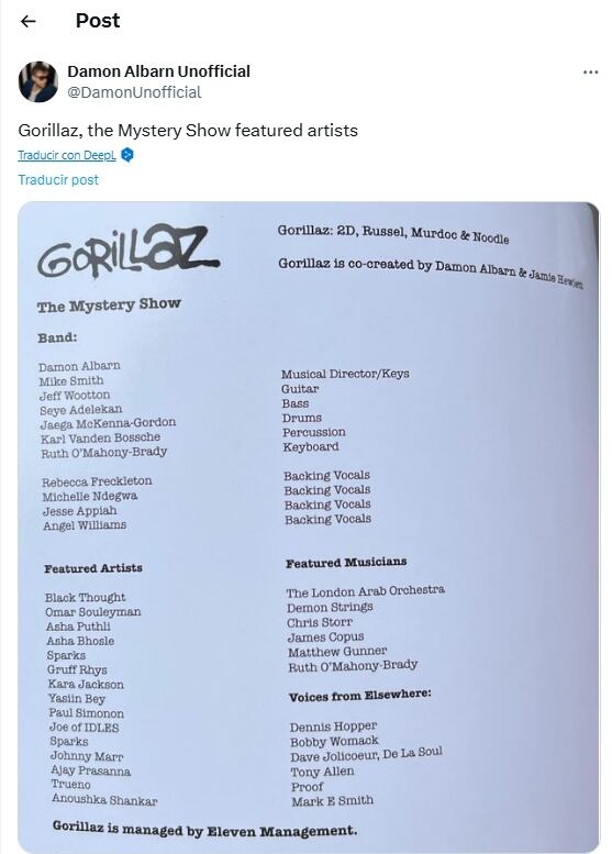 Una cuenta especializada en noticias sobre Damon Albarn subió la lista completa de músicos invitados (Foto: X/@DamonUnofficial)