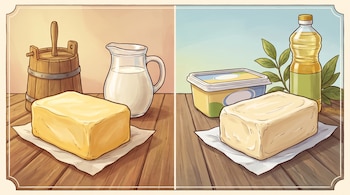 Bloque de mantequilla, balde de madera con agitador, jarra de leche; bloque de margarina, envase de margarina, botella de aceite, hojas verdes sobre mesa de madera.