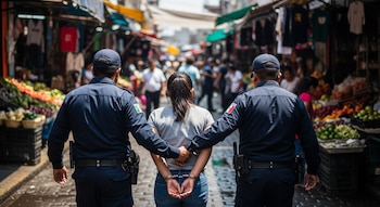Dos agentes de policía con uniformes y parches de la bandera mexicana escoltan a una mujer esposada por un concurrido mercado al aire libre.
