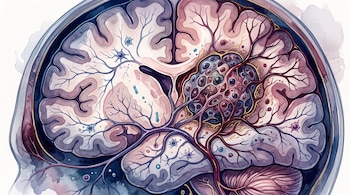 Corte transversal de un cerebro humano con una masa tumoral en el centro, vasos sanguíneos y células en estilo acuarela.