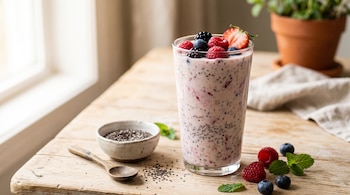 Vaso con kéfir rosa y frutos rojos en una mesa de madera junto a un recipiente con semillas de chía, arándanos, frambuesas y una cuchara.