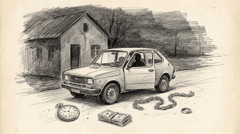 Dibujo a lápiz de coche con puerta abierta y silueta, casa de fondo. En el suelo: un reloj, fajo de billetes, cadena de metal y anillo.