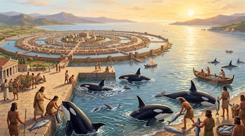 Población humana costera, orcas en el agua, personas compartiendo peces, barcos, redes de pesca, una gran ciudad con muros y canales circulares, montañas y mar.