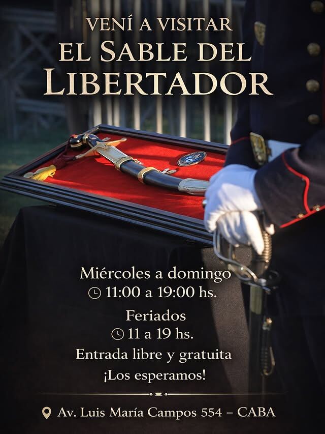 El histórico Sable del Libertador se exhibe al público de miércoles a domingo en Av. Luis María Campos 554, CABA, ofreciendo entrada libre y gratuita para todos los visitantes (Sable del Libertador General San Martín )