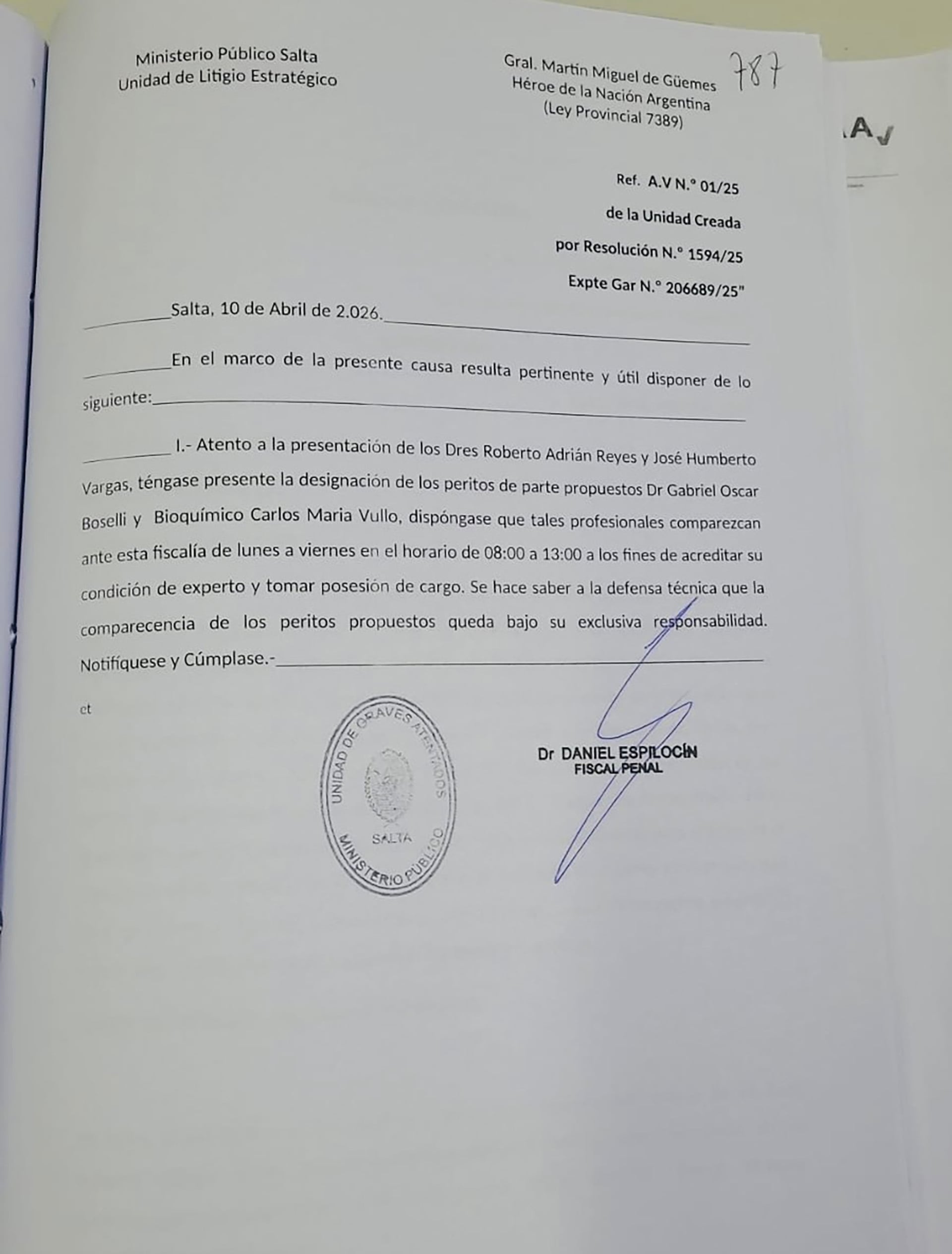 Documento oficial del Ministerio Público de Salta en el que acepta los peritos forenses de la defensa en la investigación del doble homicidio de las turistas francesas.