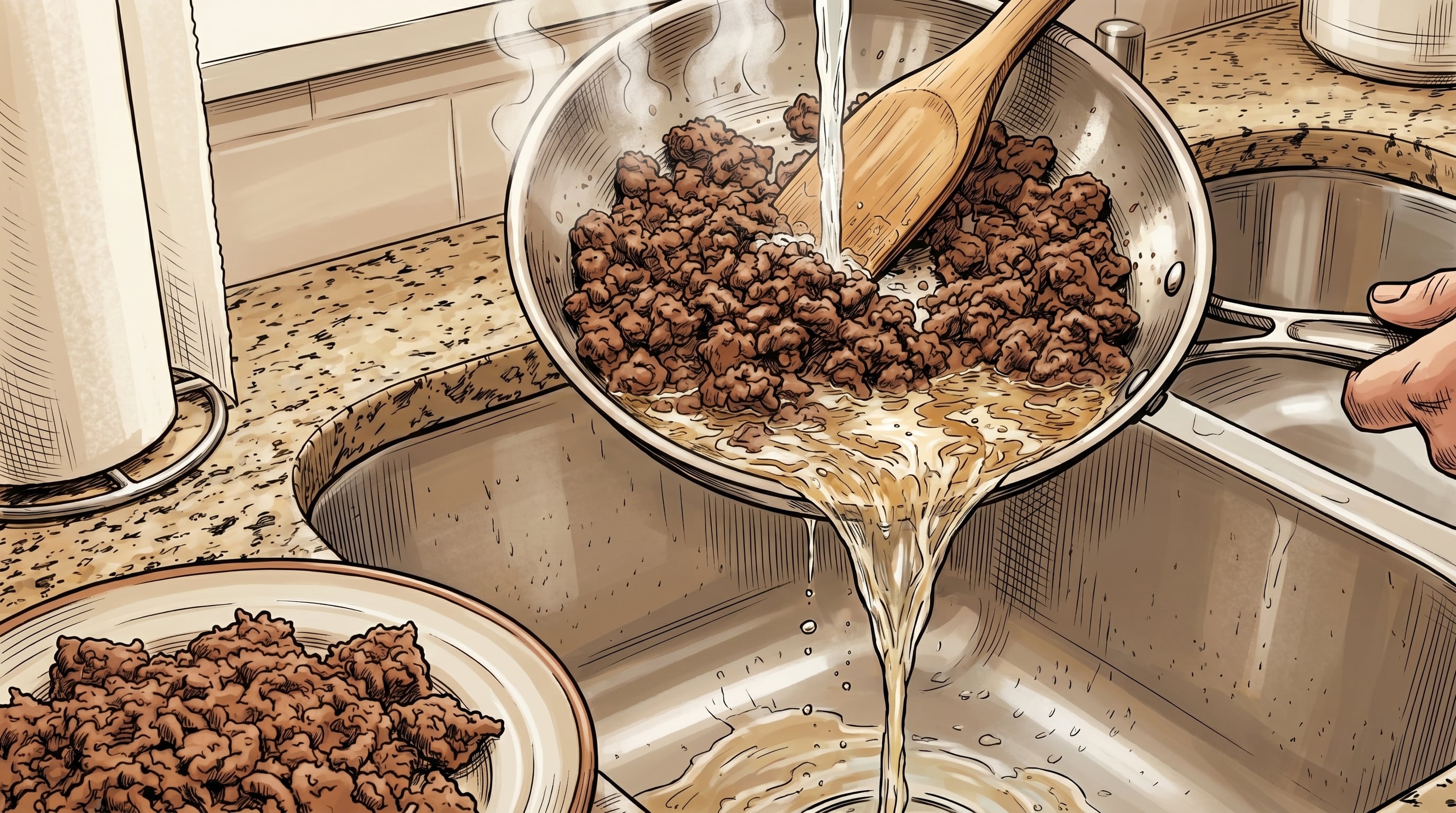 Enjuagar la carne picada cocida con agua caliente puede reducir parte de la grasa, pero los especialistas en nutrición señalan que su efecto es limitado (Imagen Ilustrativa Infobae)