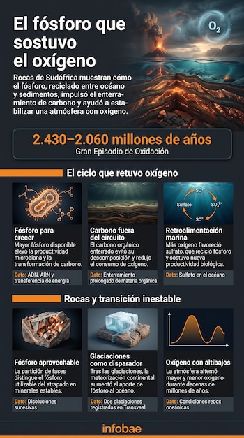 Infografía con bloques explicativos sobre el fósforo, ilustraciones de un volcán, un microbio, un cubo de hielo y un gráfico de líneas.
