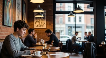 Una persona joven con suéter gris teclea en un portátil plateado sobre una mesa de madera en una cafetería, con una taza de café al lado y clientes de fondo.