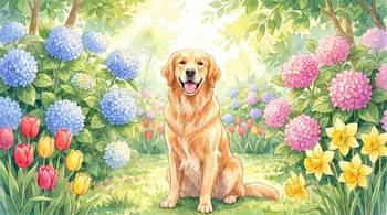 Ilustración en acuarela de un perro cobrador dorado sentado en un jardín rodeado de hortensias, tulipanes y narcisos.
