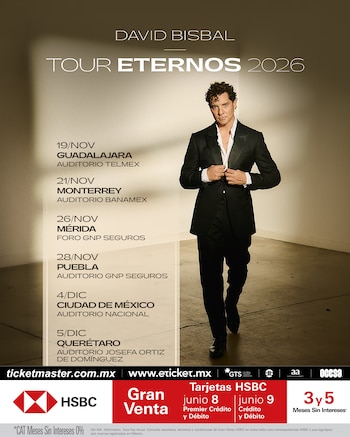La preventa Gran Venta HSBC para los conciertos de David Bisbal inicia el 8 de junio y la venta general comienza el 10 de junio en Ticketmaster y Eticket, según la ciudad