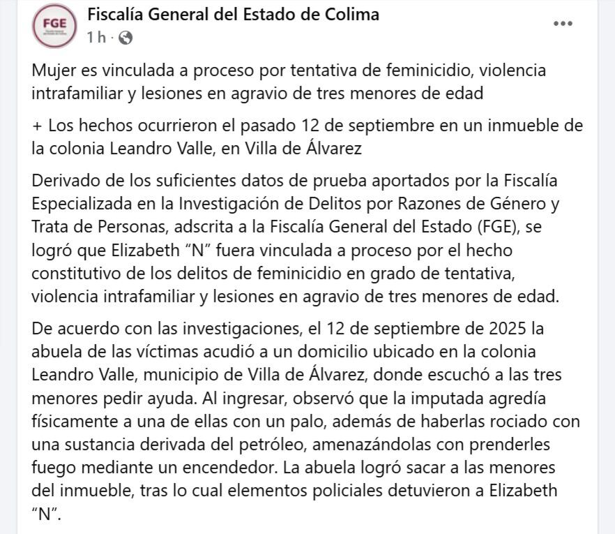 La fiscalía del estado dio a conocer la vinculación a proceso de la mujer identificada como Elizabeth N, por el delito de violencia intrafamiliar y tentativa de feminicidio (Fiscalía General del Estado de Colima).