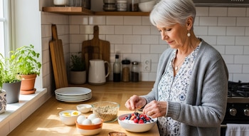 Mujer con cabello blanco, entre 60 y 75 años, en una cocina moderna, agrega bayas frescas a un tazón de yogur griego sobre una encimera de madera clara.
