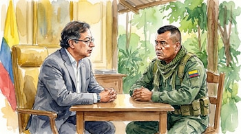Dos hombres sentados en una mesa, uno con traje formal y el otro con uniforme militar
