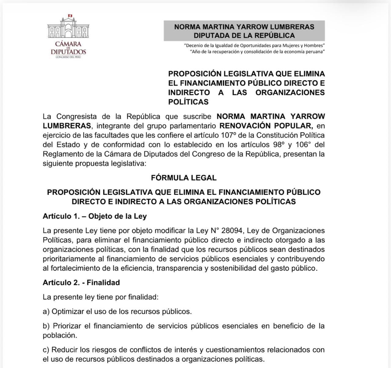 La congresista Norma Yarrow presentó una iniciativa legislativa para eliminar el financiamiento público a las organizaciones políticas en Perú. (X/@Norma Yarrow)
