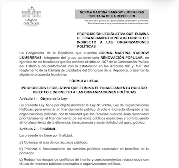 Documento oficial del Congreso del Perú con la proposición legislativa presentada por la diputada Norma Yarrow Lumbreras