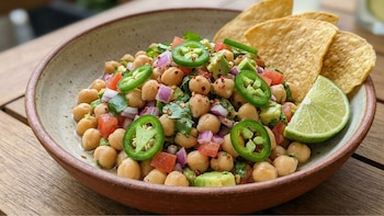 Un tazón de ceviche de garbanzos con aguacate, tomate, cebolla, jalapeños y cilantro, servido con chips de tortilla y lima sobre una mesa de madera
