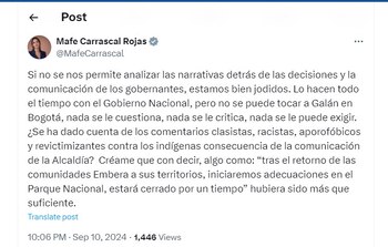 Mafe Carrascal le responde a un usuario de X por su publicación del alcalde de Bogotá - crédito @MafeCarrascal