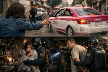 Díptico: Arriba, una mujer intenta detener un taxi rosa con una joven dentro; abajo, una niña es consolada por un oficial y otro hombre es arrestado por la policía.