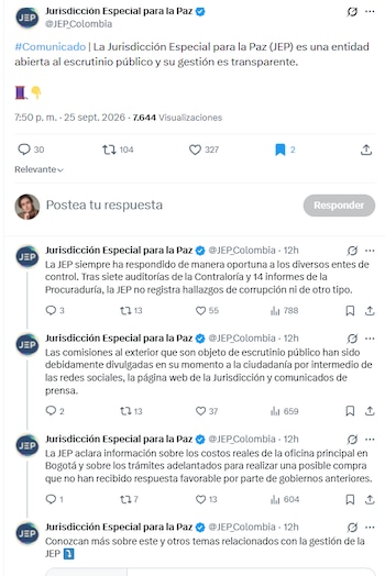 El organismo de justicia señaló que en su portal de transparencia registra información sobre datos de planeación y presupuesto, incluidos informes de ingresos, gastos e inversión, trámites y servicios - crédito @JEP_Colombia/X