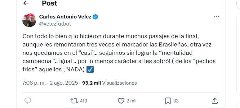Post de Carlo Antonio Vélez sobre la final de la Copa América Femenina - crédito X/@Velezfutbol