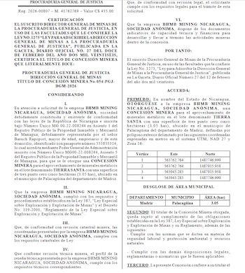 El título obliga a BHMB Mining Nicaragua a cumplir normas de seguridad laboral, protección ambiental y recursos naturales durante las actividades mineras. (Imagen retomada de La Gaceta Nicaragua)