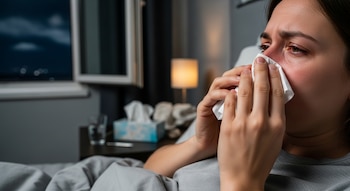 Primer plano de una persona en cama sonándose la nariz enrojecida con un pañuelo blanco. Al fondo, se ven una caja de pañuelos y una lámpara.